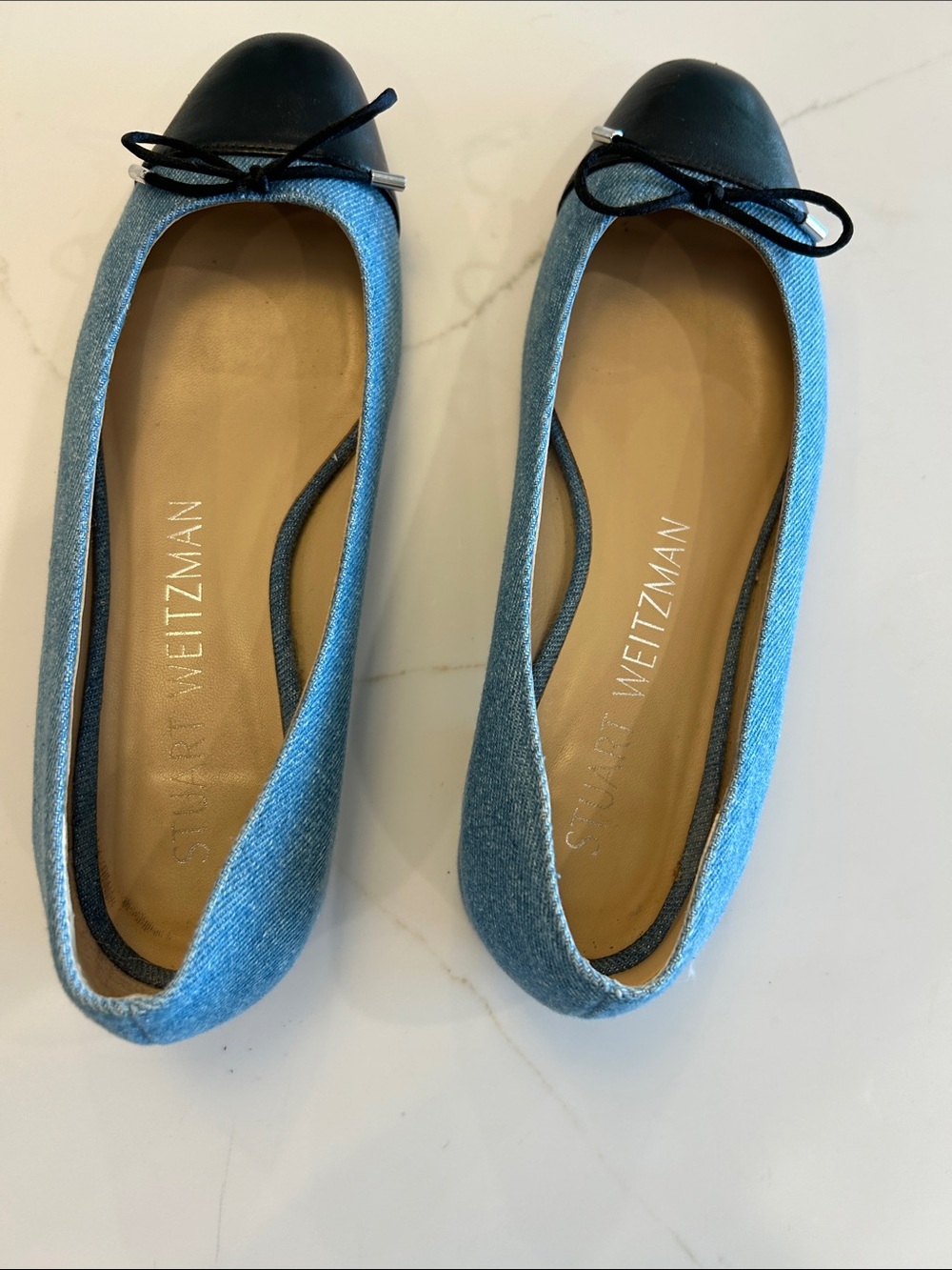 Stuart Weitzman Denim Blue Ballet Flats with Black Cap Toe - Picture 7 of 9